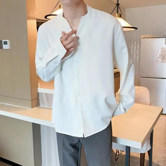 男士寬鬆無領長袖襯衫