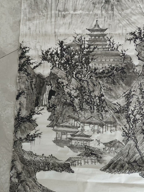 手繪國畫 晴巒蕭寺圖 臨摹寫意山水畫 生宣, 參考詳情頁