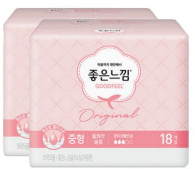 좋은느낌 생리대 오리지널 울트라 중형 18매 X 2팩_컴포트 흡수구조 에어핏쿠션 샘방지 날개형