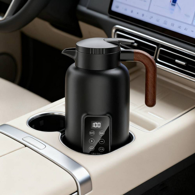 12V/24V차량용 전기포트 대용량 자동차 커피포트 차량용 보온 주전자 온도 조절 디스플레이 표시 1500mL1300mL, 모델A 1300ml 블랙