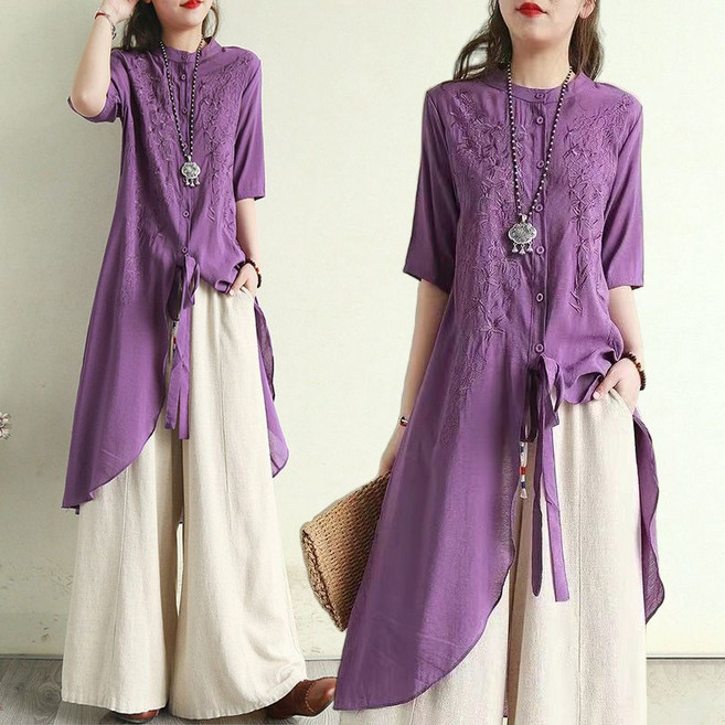 린넨 언발 루즈핏 롱셔츠 라운드 칠부소매 자수 캐주얼 남방 빅사이즈 면마 코트