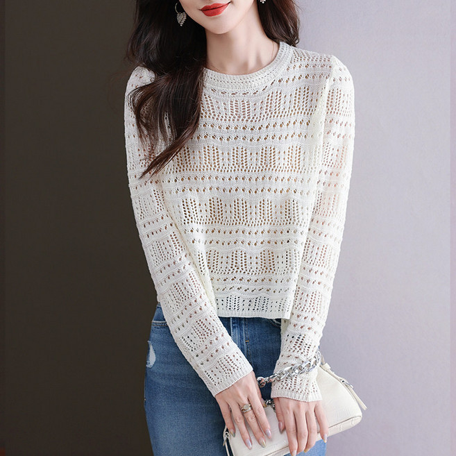 Makone 여성 봄 가을 라운드넥 솔리드 펀팅 캐주얼 얇은 니트 티셔츠