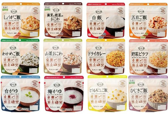 알파 쌀 12종 세트 장기 보존 식품 5년 보관 특정 원재료 28품목 미사용 비상식량 보존식품 재난 대비 용품 아웃도어 알파 식품, 1개, 1g