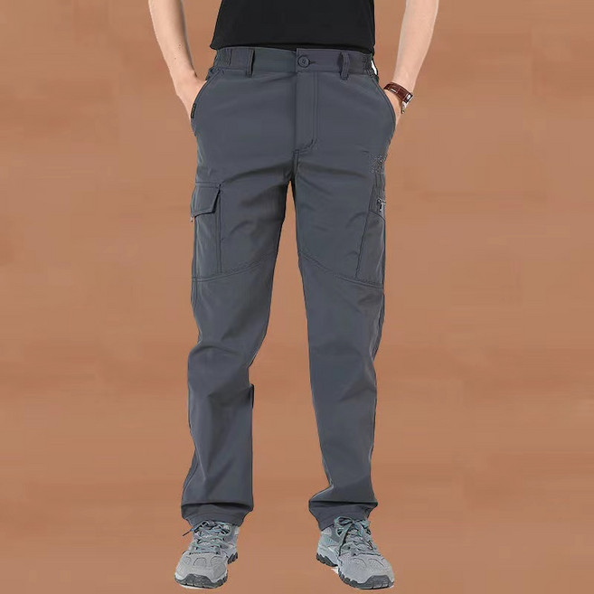 男款戶外速乾多口袋工裝褲 寬鬆登山休閒長褲 中厚款 灰色 L碼