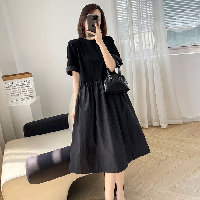 ANYOU 블랙 여성 여름 원피스 루즈핏 A라인 반팔 원피스 패션 고급 오피스룩 빅사이즈 캐주얼 데일리룩 편안한 하객룩