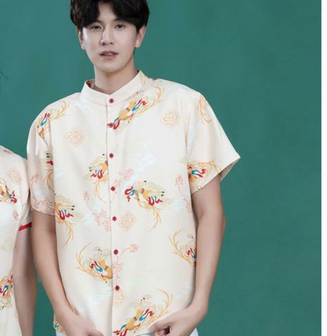 中國風情侶裝 旗袍開叉設計 簡約立領印花襯衫 舒適透氣