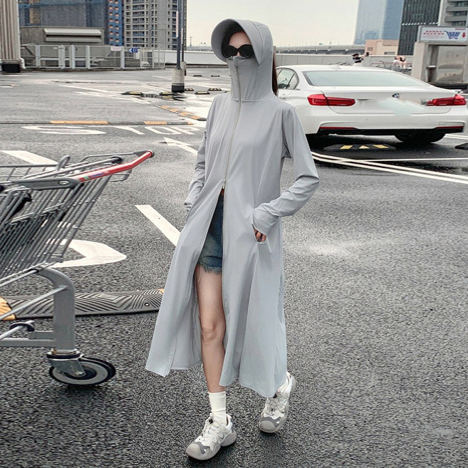 여름 자외선 차단 원피스 UV차단 햇빛 차단 롱 기장 후드 코트 점퍼 얼굴 가리개 일체형 원피스, 그린