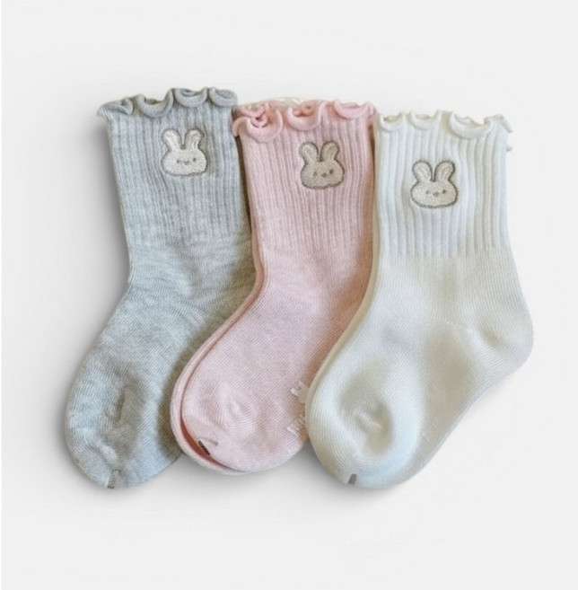 유아 아동 여아 남아 흰토끼 자수 프릴 골지 양말 3켤레 세트