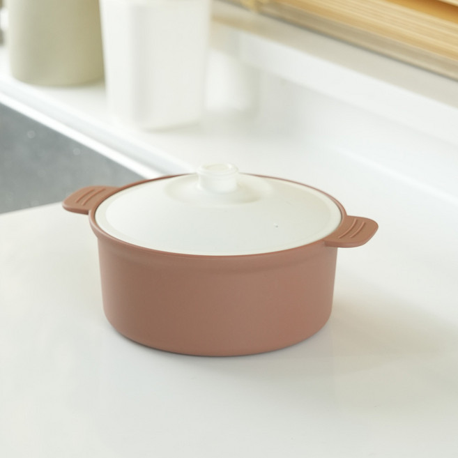 소노리떼 실리콘 계란찜기 중형 원형 600ML 화이트 뚜껑, 1개, 아몬드브라운