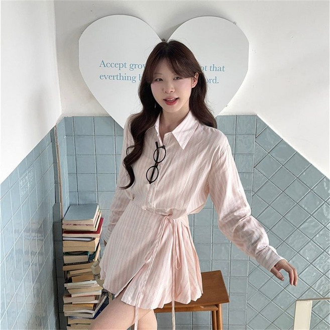 Vezri 여성 봄 가을 스트라이프 셔츠 원피스 간캐주얼 허리 벨트 디자인