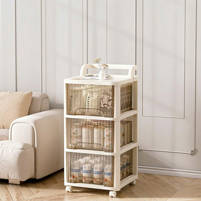 Dune 듀네 타공판 투명 서랍 트롤리 이동식 수납 선반 바퀴형 다용도 거실 주방 인테리어 카트, 3단, 흰색