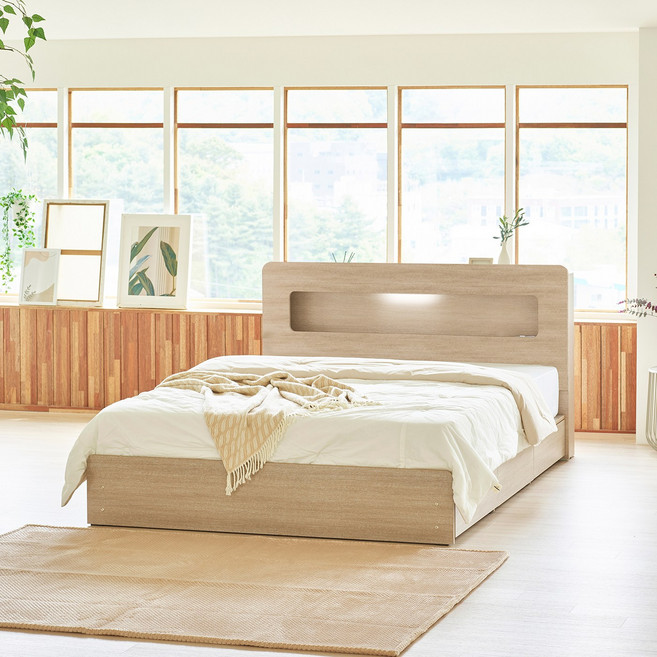 하포스 레이 E0등급 3단 LED 멀티서랍 침대 프레임 + 매트리스 세트 지정일설치, 레이 3단 수납형 [오크] 싱글, 파워본넬 자가드 매트