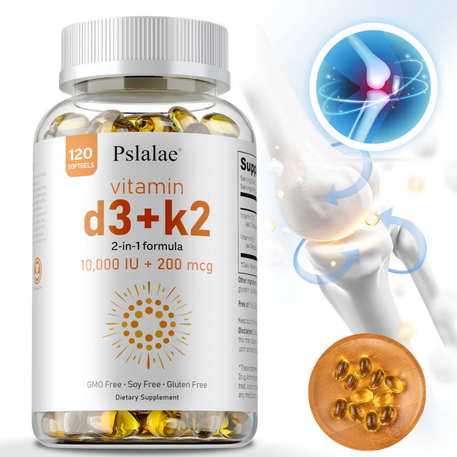Pslalae 維他命D3+K2 2-in-1配方 10 000 IU + 200 mcg 軟膠囊, 60組