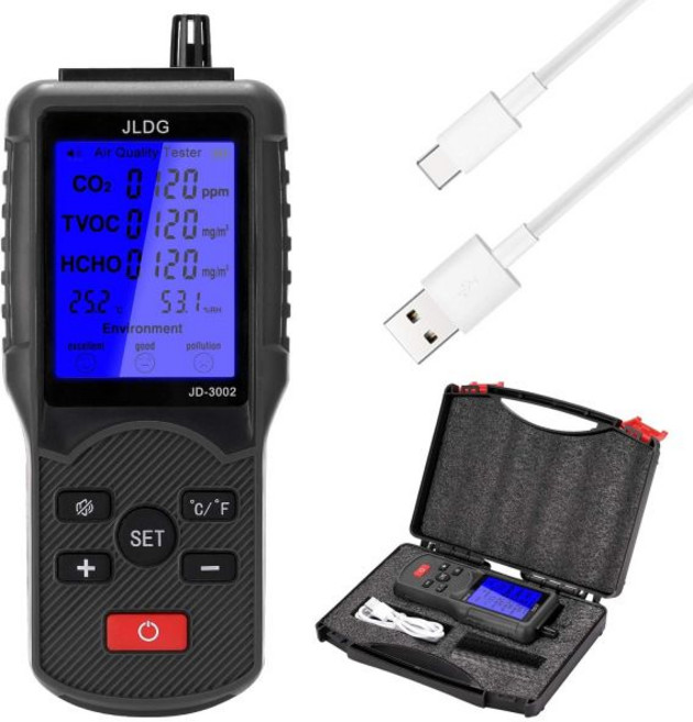 휴대용 이산화탄소 측정기 공기질 가스 감지기 TVOC 분석기 온도 습도, 1개