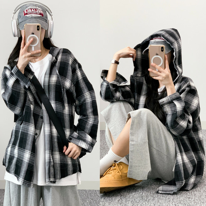 모모무드 여성 오버핏 후드 체크 남방
