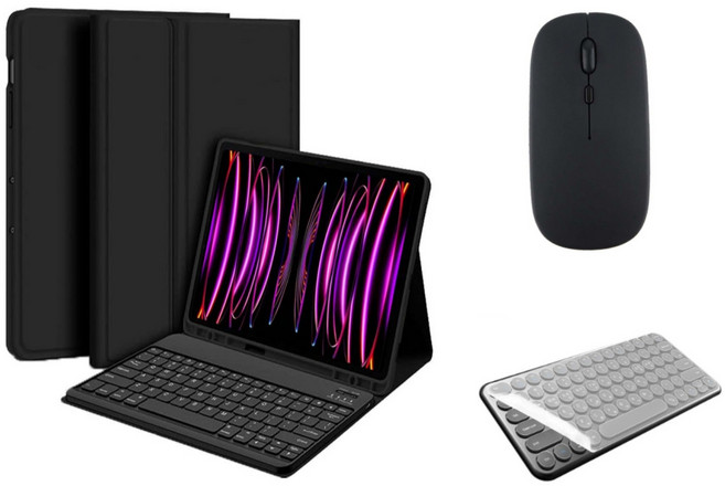 아이패드 호환 에어 프로 미니 1/2/3/4/5/6/7/8/9/10 세대 M2 M4 펜슬 수납 블루투스 키보드 케이스 무선 마우스 세트 iPad Pro Air Mini 케이스나라, 블랙