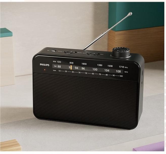 필립스 탁상용-휴대용 고감도 아날로그 라디오 전기+건지지 겸용 FM/MW 이어폰잭 LED감도-알림-M1, 블랙