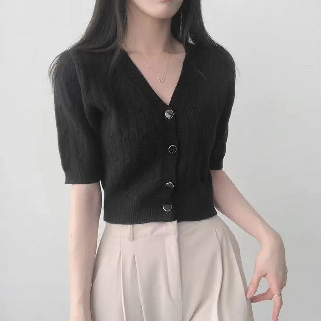 예쁨시전 봄 여름 데일리 강추 러블리 브이넥 꽈배기 반팔 크롭 니트 가디건