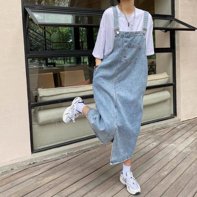 牛仔背帶裙女｜長款不規則開叉復古寬鬆吊帶連衣裙, 985款背帶裙,S 75-98斤