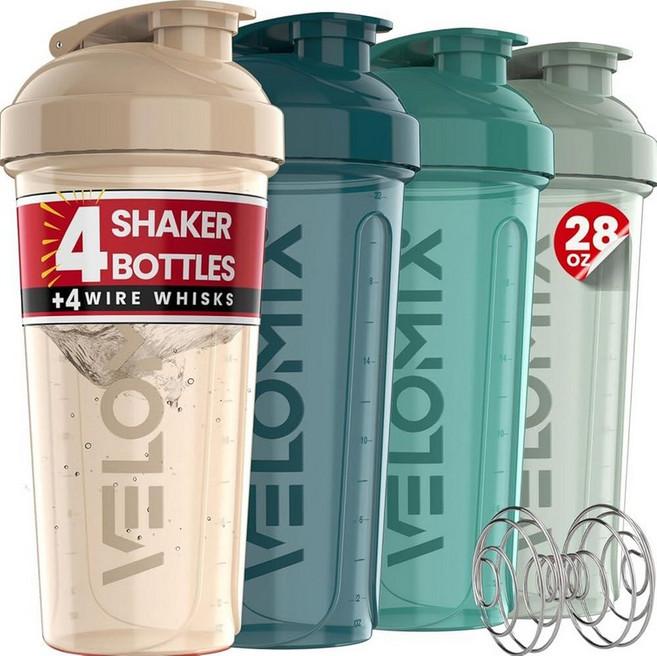 VELOMIX -4팩 828ml(28온스) 단백질 믹스용 단백질 쉐이커 병 - 와이어 거품기 4개 | 단백질 쉐이크용 누출 방지 쉐이커 컵 | 단백질 쉐이커 병 팩 | 단백질, A4) Fresh Move