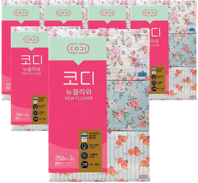 코디 뉴플라워 천연펄프 미용티슈 2겹, 250매, 18개