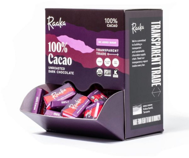 Raaka 초콜릿 라카 미니 바 100% 카카오 코셔 비건 글루텐 프리 공정 대두 무첨가 비변형 팔레오 100개 입 크기의 박스