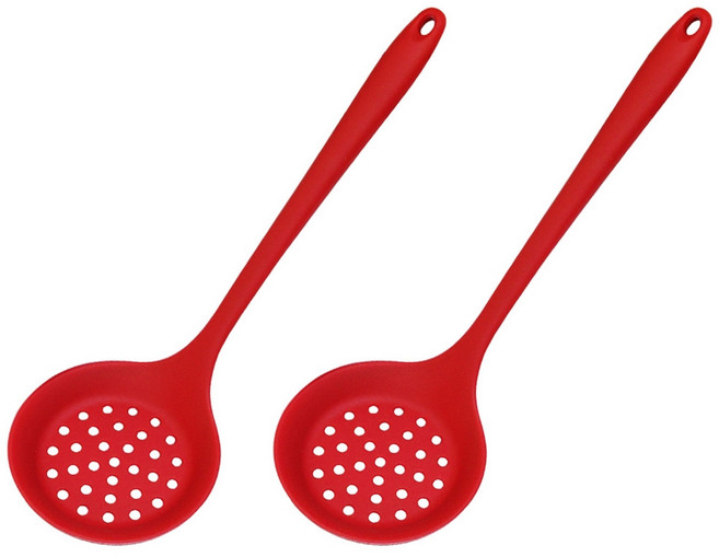 2 개의 부엌 스트레이너 스키머 ladle 실리콘 소쿠더 슬롯 스푼이 긴 손잡이 요리기구와 요리 용기구, 빨간색