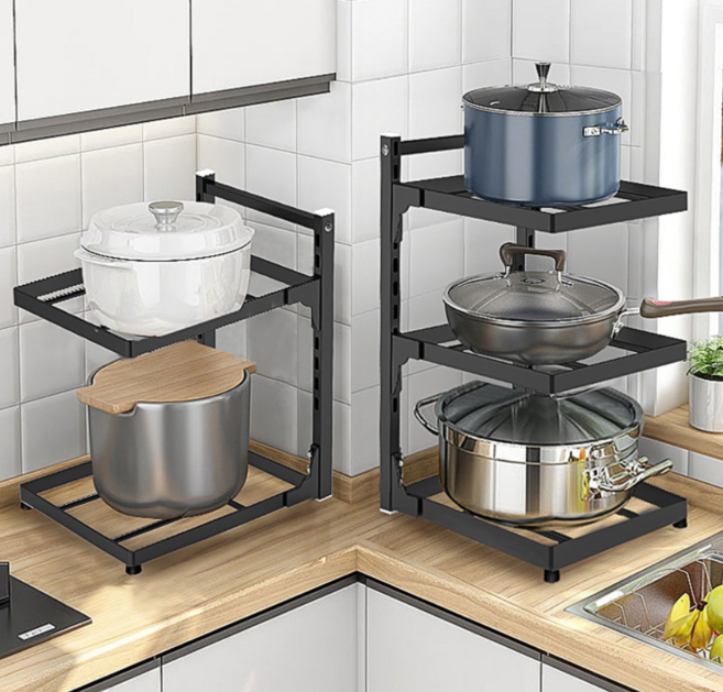 TOPNARA 냄비 후라이팬 정리대 높이조절 프라이팬 싱크대 거치대, 3단, 블랙