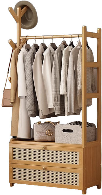 台灣發貨落地衣櫥衣帽架組合：開放式掛衣架、簡易衣帽架, 網格翻蓋 原色無置物架, 原木色