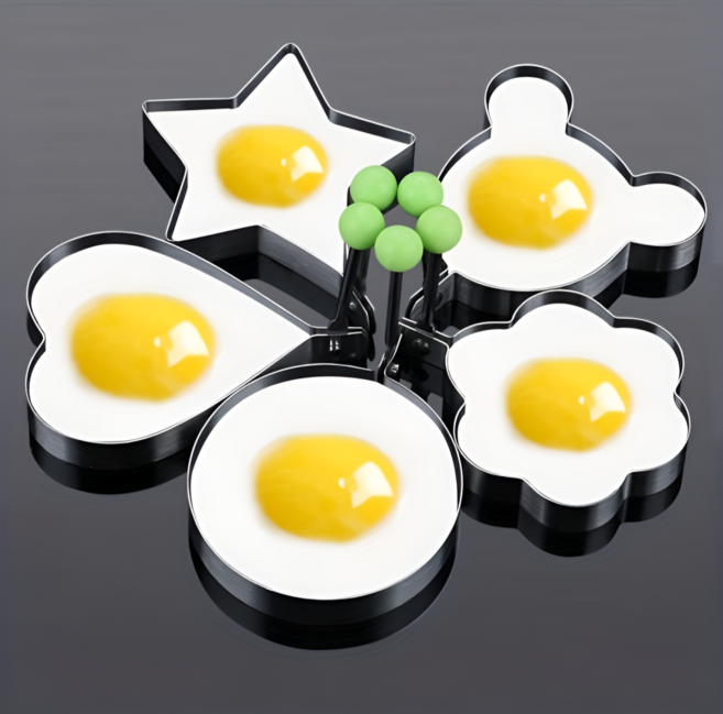 쿠코아 다용도 스테인리스 계란 프라이틀 논슬립 핸들 팬케이크 오믈렛 조리용 계란몰드 모양별 5종세트, 1세트, 하트형1P+매화형1P+별모양1P+원형1P+미키모양1P