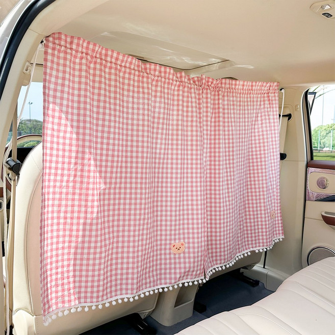 [더알파/차박커튼] 차량용 햇빛가리개 대형(2p)+커튼밴드 / 전차종+트렁크 설치가능 / 곰돌이 체크무늬, 핑크, 1개