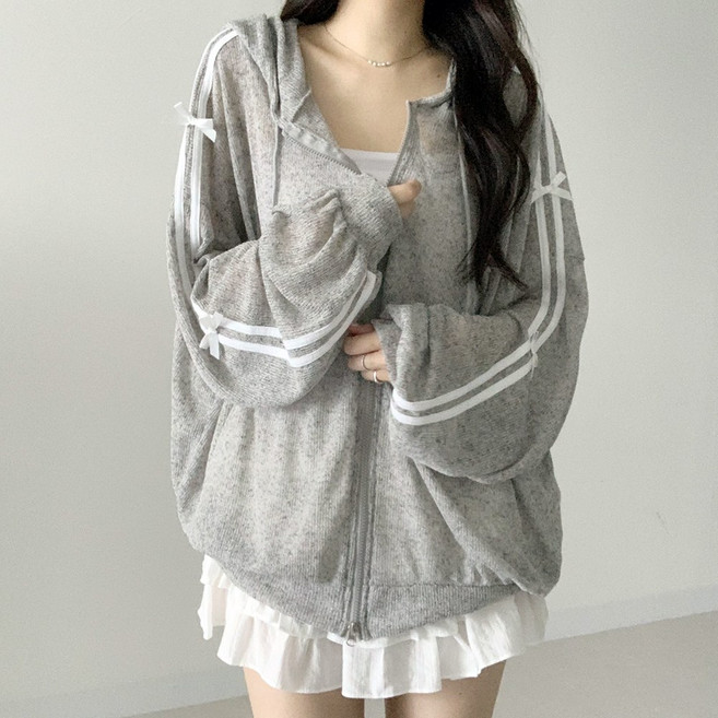 [국내제작] 데이지클로젯 리제이 입체 리본 포인트 린넨 두줄 라인 그물 시스루 오버핏 긴팔 후드집업 / 봄 여름 가을 간절기 아우터 니트 여성 여자 학생 교복템 루즈핏 빅사이즈