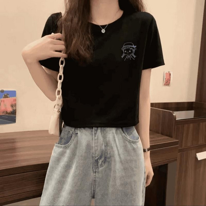 印花T恤女 短袖正肩高腰露臍上衣 - 夏季新款修身顯瘦設計感T恤