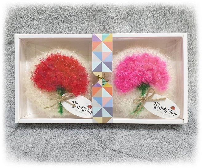 카네이션수세미 2구박스포장 핸드메이드 세트 어버이날 스승의날 손뜨개 호빵수세미, 빨강+꽃분홍, 1세트, 1세트