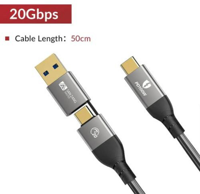 SANZANG 40Gbps USB A 유형 C 고속 충전 케이블 2 in 1 PD100W 충전 코드 Kabel Braid USB 연장선 데이터 와이어전화 PC용, 2)40Gbps 100cm, 1개