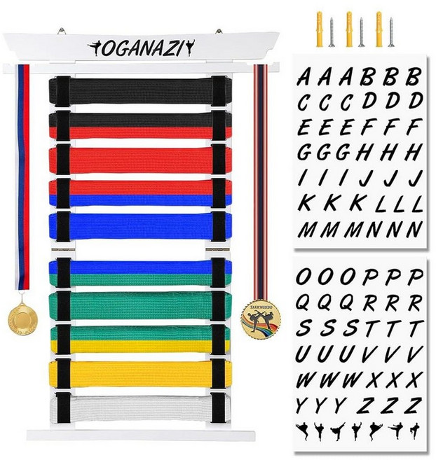 OGANAZI 10개의 벨트 가라테 디스플레이 랙 맞춤형 스티커 태권도 홀더 사이드 메달 랙 포함 탄성 밴드 무술 오거나이저 가라데 BJJ 선물 화이트, White