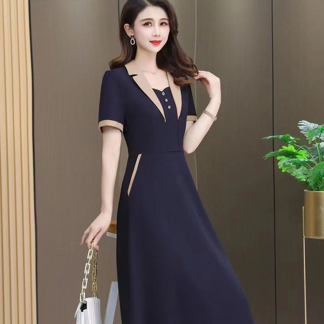 時尚洋氣大碼連衣裙氣質遮肚新款減齡收腰顯瘦媽媽夏季裙子, 藍色