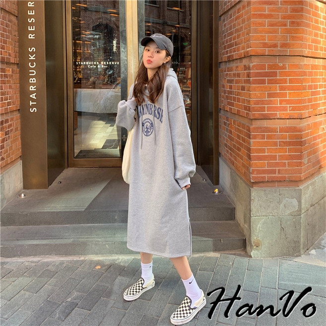HanVo 雪山印花 長版保暖上衣 女款連帽刷毛洋裝 A06-3561, 灰色