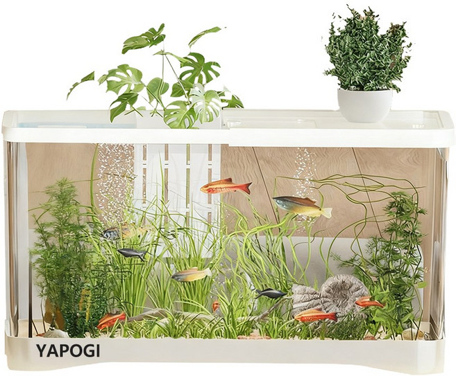 신소재 초고강도 충격방지 크리스탈 클리어 어항 & 거북이 테라리움 에코 어항 세트 (뚜껑+장식 포함), 1세트, 흰색