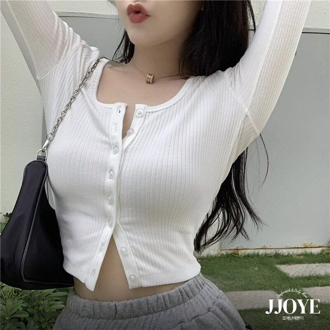 쪼예 꾸안꾸 U넥 슬림핏 골지 크롭 니트 긴팔티 이너 가디건