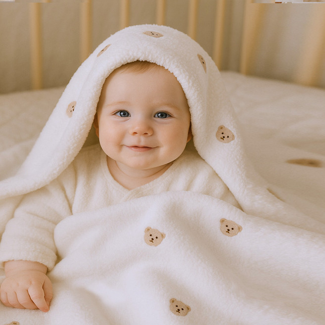 불로홈 아기 밍크 자수 극세사 블랭킷 이불, 도리도리 곰돌이