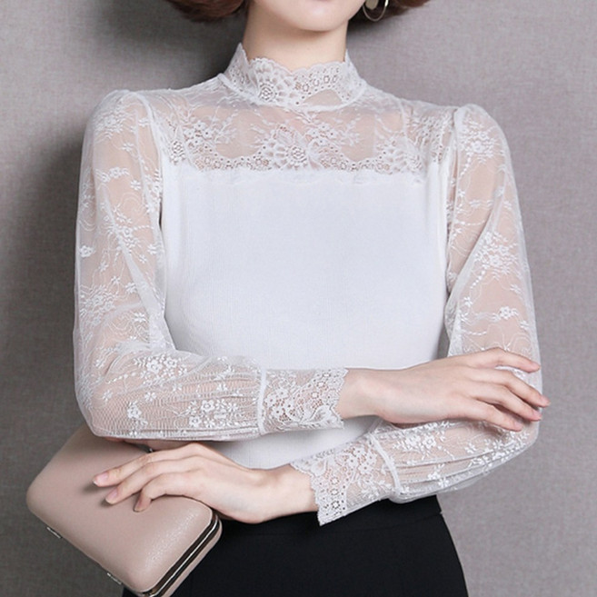 자칠 여성긴팔 레이스이너 티셔츠 슬림핏 여성스러운 이너 티셔츠 패션베이스 셔츠