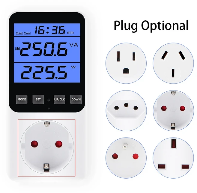 디지털 LCD 에너지 미터 와트미터 전력량 전압 전류 모니터 전기 콘센트 소비 분석기, 03 Blue backlight, 01 FR Plug
