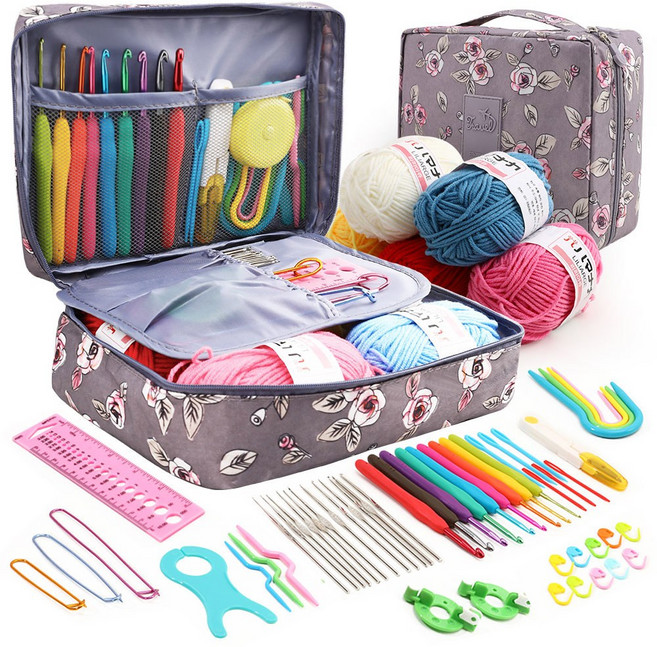DIY 초보자 크로셰 후크 키트 보관 가방 재료 팩 포함 휴대용 재봉 뜨게 및 도구 59 개/세트, Rose Flower, Rose Flower, 1개