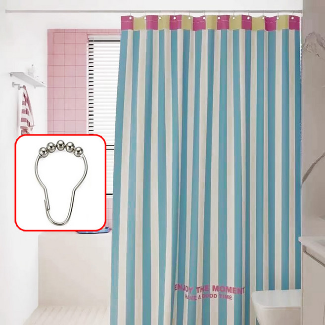 Alemon 프리미엄 패브릭 방수 샤워 커튼 + 스텐 커튼 링, 블루 스트라이프, 1개