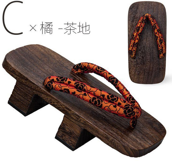 中式實木桐木拖鞋 防滑二齒木屐 男 大碼休閒個性人字拖, C-橘-茶地,25CM（38-40碼）