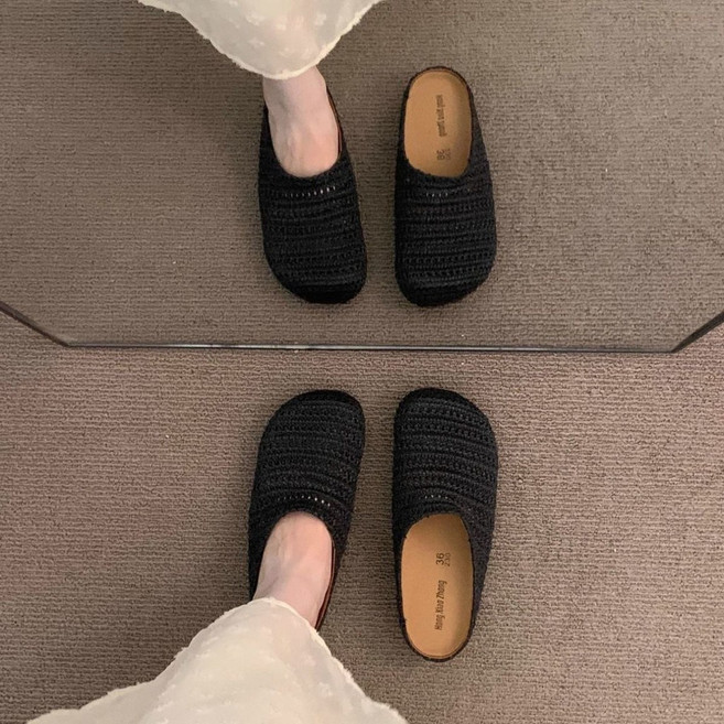 手工編織鏤空透氣包頭半拖涼鞋女