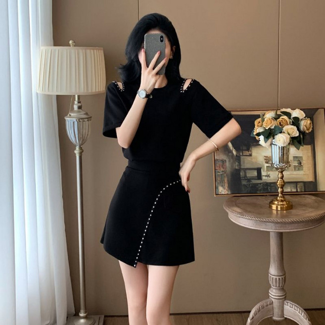 스타일닥터 여성 여름 세트 숄더컷 스터드 반팔 탑 하이웨이스트 미니스커트 투피스 세트 데일리룩