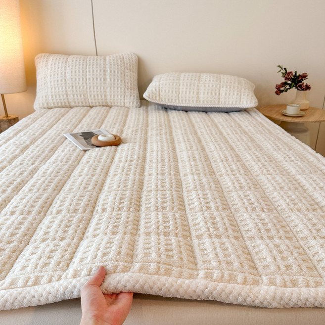 Youchen겨울 극세사 두꺼운 누빔 침대패드 발열 웜패드 고정밴딩 침대매트, 화이트