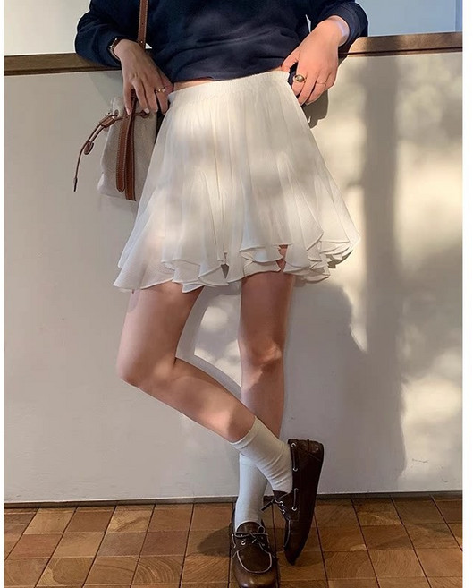 DIU 復古設計感不規則白色a字半身裙女夏季新款鬆緊腰顯瘦蓬蓬裙短裙